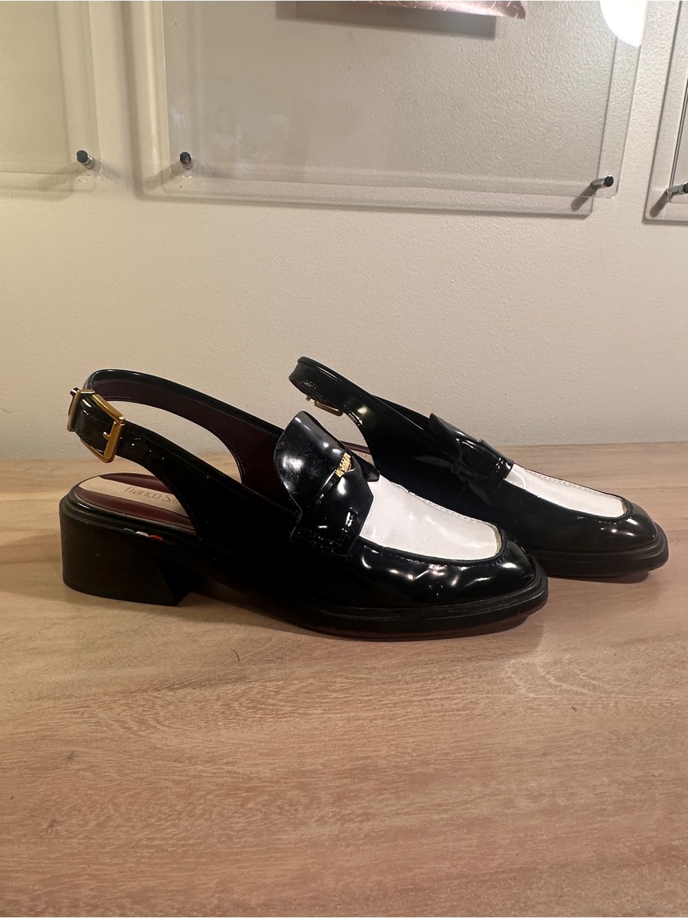 Franco Sarto Black and White Patent Slingback Loafers